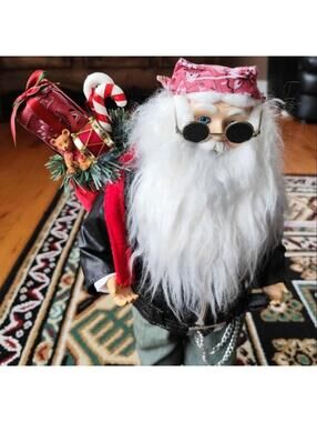 Biker Santa Claus Standing Statue Figure Decoration 18” Leather Jackets Goggles